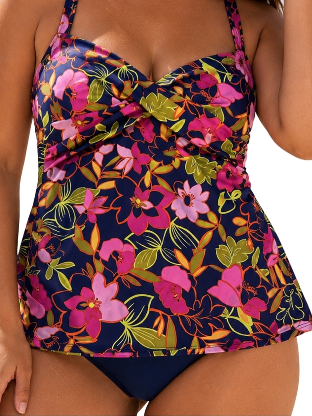 Lands’ End Floral Twist Front Tankini Top Size 8 Navy Tropical Swim Top